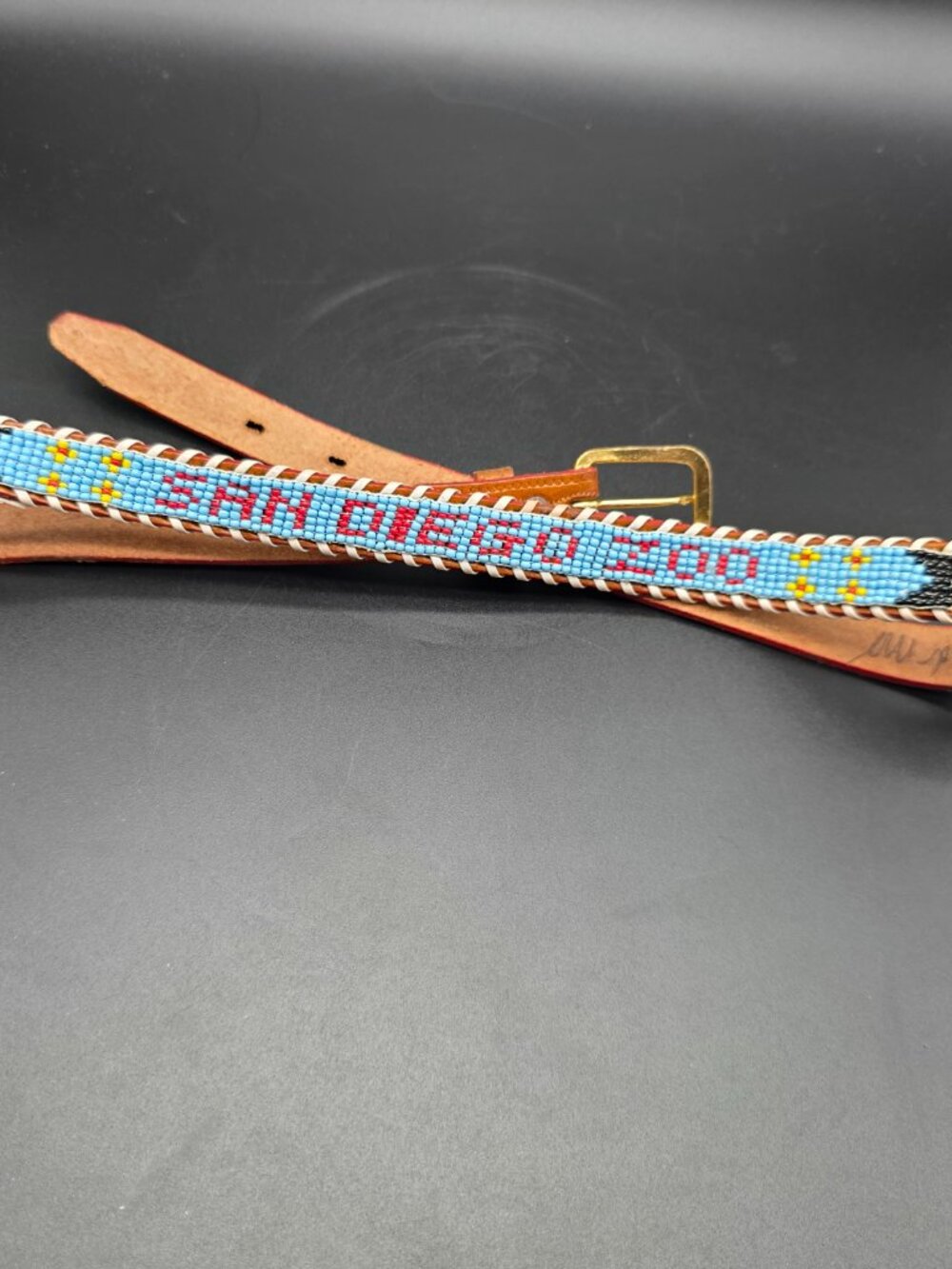 VINTAGE LEATHER EMBOSSED & BEADED BELT SAN DIEGO SIZE 28